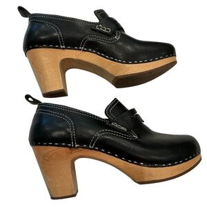 Swedish Hasbeens Toffel Leather Platform Clogs Black Size 39